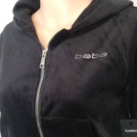 Bebe Black Velour Hooded Jacket W/ Rhinestone Logo - Picture 5 of 16